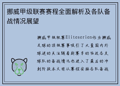 挪威甲级联赛赛程全面解析及各队备战情况展望
